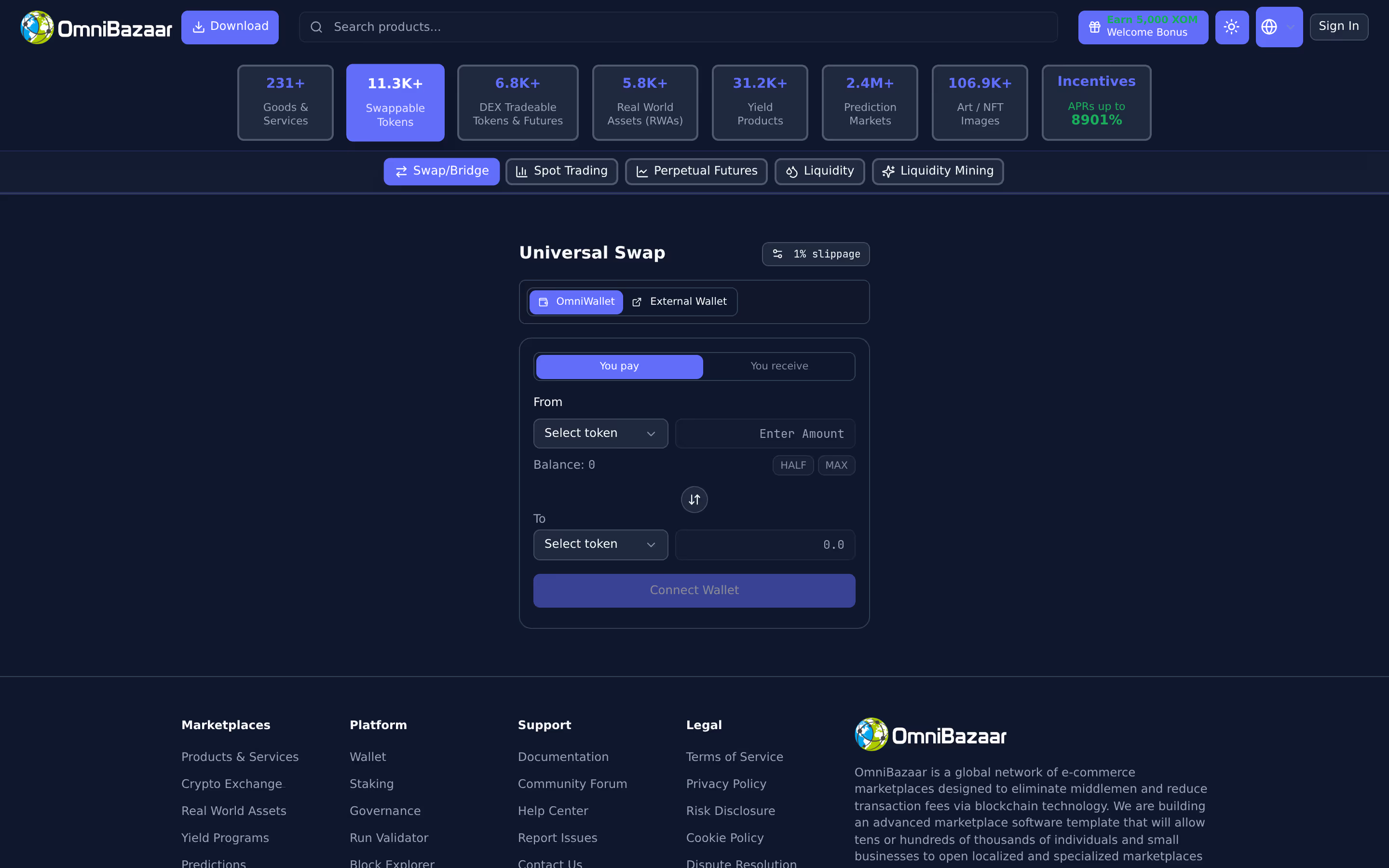Swap & move between chains — live OmniBazaar app screenshot